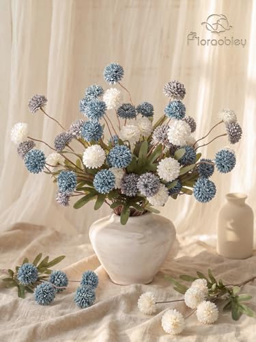 9pcs Fake Flowers Silk Mini Mums with Stems, Blue & White Faux Chrysanthemum Pompon Balls Artificial Flower Bulk for DIY Wedding Centerpieces, Vase Fillers, Floral Arrangements & Home Decor - color: Blue & White