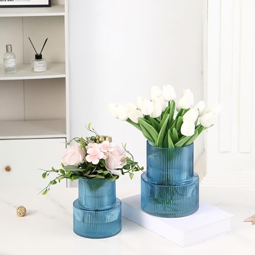 Ribbed Glass Vases for Bouquet, Set of 2 Blue Vases for Flowers, Blue Glass Vase for Tulips, Modern Vase for Living Room, Office, Coffe Table, Dining Table, Shelf, Wedding - color: Blue, size: Ribbed Mixed Sizes (2-Pack)