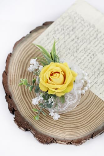 Ansofi Yellow Corsage and Boutonniere Set Artificial Rose Flower Wrist Corsage and Boutineers for Groom Groomsmen Bride Bridesmaids Prom Rustic Vintage Wedding Decor - color: Yellow
