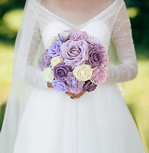 FACINOC Roses Artificial Flowers Purple Bouquets Box Set Fake Flower with Stems Bulk for DIY Bridal Wedding Shower Decorations Faux Floral Arrangements for Party Table Centerpieces Home Decor Indoor - color: Purple, Lavender, Violet