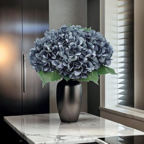 6Pcs Artificial Fake Flowers Plants Silk Hydrangea 1 Flower Head Arrangements Wedding Bouquets Decorations Plastic Floral Table Centerpieces Home Kitchen Garden (Dark Grey) - color: Dark Grey