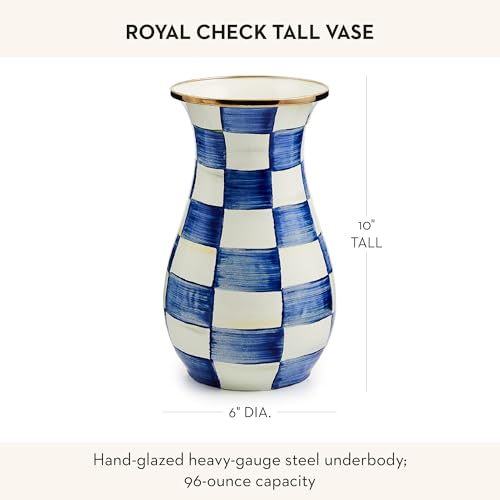 MACKENZIE-CHILDS Tall Enamel Vase, Unique Flower Vase, Decorative Table Decor for Living Room, Blue-and-White Royal Check - color: Royal Check