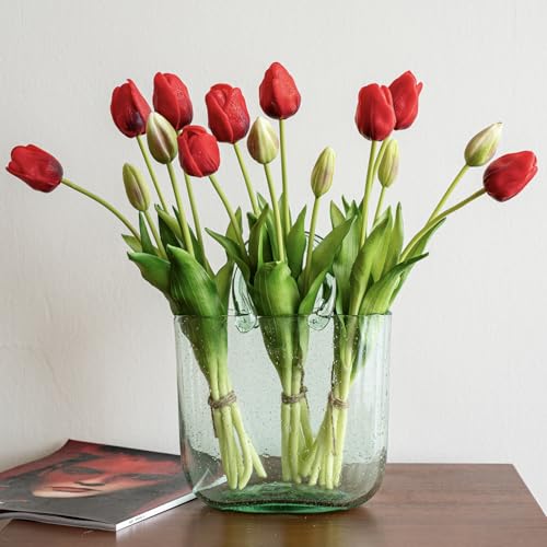 DUYONE 15pcs Artificial Tulips Flowers, Soft Touch Latex Bouquet, Fake Tulips for Office Wedding Party Home Kitchen Garden Decoration - color: 15pcs Red (No Vase)