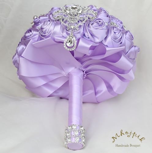 Bridal Wedding Bouquet Round Bling Brooch Bouquet Artificial Rose Flower Bunch for Bride Bridesmaid Wedding Quinceanera(Light Purple, 7.5") - color: Light Purple*, size: Small (Dia. 7.5"/19cm)