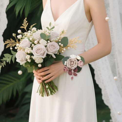 2Pcs Wedding Corsage and Boutonniere Set Dusty Pink Rose Corsage Wristlet and Boutonniere for Men Women Groom Bride Bridesmaid Groomsmen Wedding Party Accessory Prom Decoration (Dusty Pink) - color: Dusty Pink