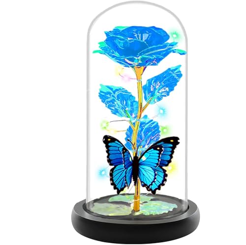 Mothers Day Rose Flower Gifts for Mom, Birthday Gifts for Women, Galaxy Crystal Light Up Rose Flowers in A Glass Dome, Mother Day Presents Wife Grandma Sister Her Mom from Daughter Butterfly Blue - color: A-blue
