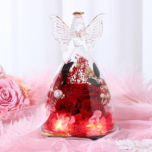 Mothers Day Rose Gifts for Women Preserved Real Flower in Glass Angel Figurines Roses for Delivery Prime Birthday Gifts for Mom Grandma Girlfriend Wife Her, Red Austin Roses - color: Red With Austin Roses