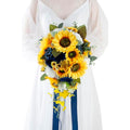 12 Inch Cascade Wedding Bouquets for Bride, Royal Blue & Yellow Sunflower Cascading Bridal Bouquet for Wedding Silk Artificial Flowers - color: Royal Blue & Yellow
