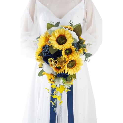 12 Inch Cascade Wedding Bouquets for Bride, Royal Blue & Yellow Sunflower Cascading Bridal Bouquet for Wedding Silk Artificial Flowers - color: Royal Blue & Yellow
