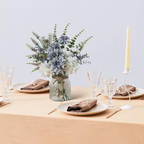 Leftover Fake Flowers with Vase,Silk Dahlia Flowers,Artificial Flowers in Vase,Centerpiece Table Decorations,Flower Centerpieces for Tables,Kitchen Table Decor,Coffee Table Decor - color: Grey Blue