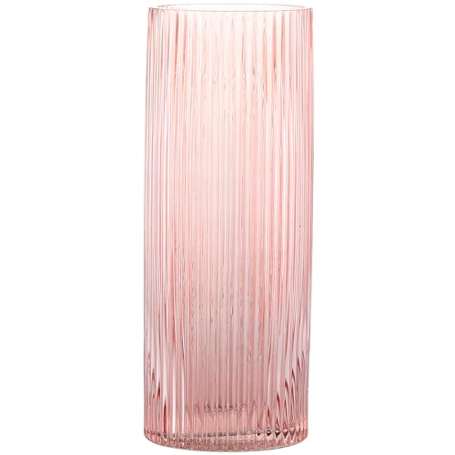 Pink Glass Vase, Glass Flower Vases, Ribbed Vase, Pink Vase, Tall Cylinder Glass Vases for Living Room, Bedroom, Dining Table, Office, Wedding, Bookshelf Decoration, 12 Inches - color: Pink, size: 12''