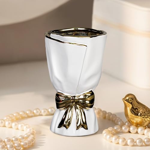 White Ceramic Vase - 7 Inch Small Bow Vases for Wedding Centerpieces, Modern Flower Vase for Home Decor, Table, Bedroom Decor, Bookshelf, Desk, Bathroom, Living Room Decor - color: White, size: 7 inch