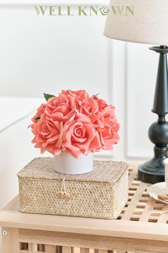 Artificial Rose Bouquet in Ceramic Vase, Silk Flower Arrangement in Pot, Real Touch Fake Flowers with White Vase for Wedding Home Centerpiece Coffee Table Bathroom Anniversary Decor & Gift (Coral) - color: Rose, Coral