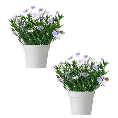 Fake Plants Daisy for Bathroom Decor, Small Potted Artificial Plants Indoor for Shelf Desk Home Bathroom Farmhouse Room Coffee Table Decor, Purple (Pack of 2) - color: Purple