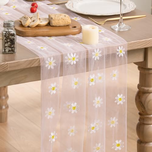 Artoid Mode Light Pink Daisy Gauze Embroidery Table Runner 120 Inch 10FT, Tulle Seasonal Spring Kitchen Dining Holiday Table Decor for Home Party - color: Light Pink