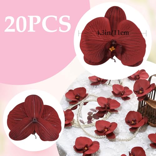 20pcs Real Touch Orchids Artificial Flower Heads, 4.3" Large Red Fake Orchids Latex Phalaenopsis Flower Heads for Wedding Cake, DIY Crafts, Hair Accessories & Home Decorations(Red) - color: Red