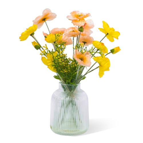 20pcs Artificial Poppy Flowers - Fake Flowers in Vase Silk Decor. Artificial Flowers All-in-One with Clear Glass Vase for Home, Office, Living Room & Table Decor - color: Pinkish Yellow
