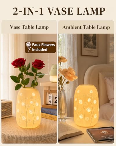 TACAHE Ceramic Vase Table Lamp, 2700K Bulb & 3 Artificial Flowers Included, E12 Socket, Inline Switch, Handmade Openwork Craft, Ambient Light for Living Room Bedroom - Dandelion 9" - style: Dandelion