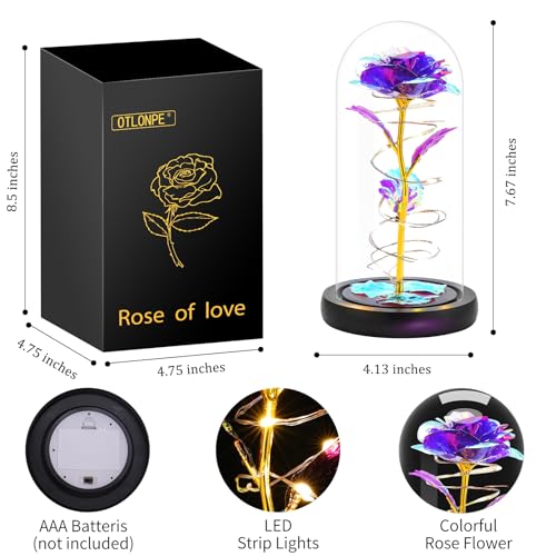 Otlonpe Preserved Artificial Rose Flower Lamp, Forever Women Gifts for Birthday Christmas Valentines Mothers Day, 7.7'' Purple Glass Rose Gifts for Mom Grandma Daughter Wife Girlfriend, Home Decor - color: Purple