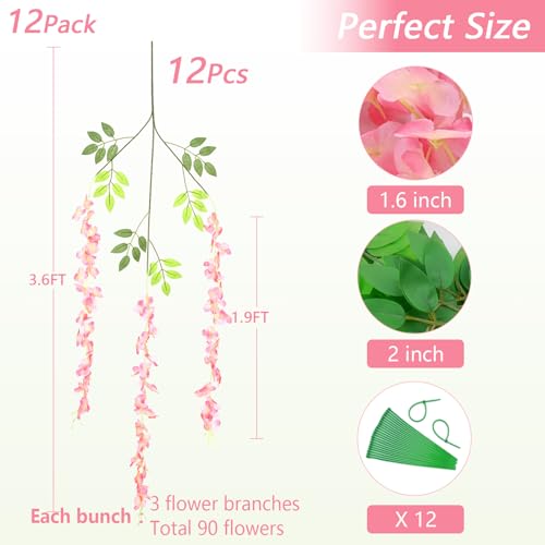 12Pcs Artificial Wisteria Hanging Flowers, 3.6Ft/Pcs Deep Pink Fake Wisteria Garland for Wedding Party Home Garden Indoor Outdoor Decoration - color: Deep Pink, size: 12Pcs
