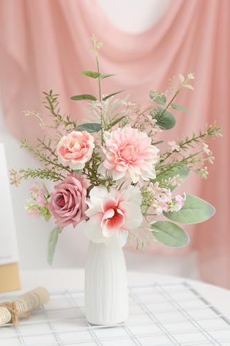 Small 11" Artificial Flowers in Ceramic Vase - Pink Silk Flower Centerpiece for Dining Table, Office, Wedding & Farmhouse, Home Decor Gifts - color: Pink