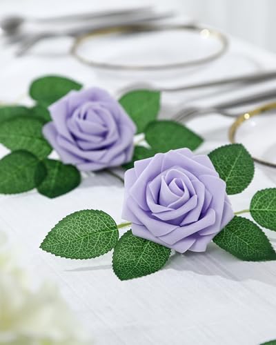 DuHouse 50Pcs Artificial Roses Flowers Fake Roses with Stems Real Touch Foam Flowers for DIY Wedding Bouquet Party Centerpiece Floral Arrangement Party Home Decor(Lilac) - color: Lilac, size: 50pcs