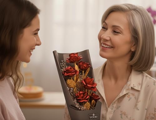 WOORI Gold Rose Bouquet – Elegant Gold-Plated Artificial Roses in Luxury Gift Box for Her, Anniversary, Valentine’s Day, Birthday