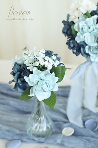 Floroom Artificial Gardenia Flowers 2.7" 25pcs Real Looking Dusty Blue Shades Foam Fake Flowers with Stem for DIY Wedding Bouquets Bridal Shower Centerpieces Floral Arrangements Party Table Decoration - color: Dusty Blue Shades