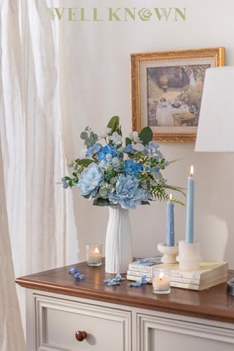 WELL KNOWN Artificial Flower Bouquet, Spring Blue Fake Flowers for Vase, Silk Faux Flowers DIY Table Centerpieces for Wedding, Dining Room, Graduation, Babyshower, Farmhouse Decor & Gift (Blue) - color: Spring Blue