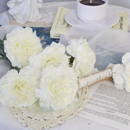 White Carnations Artificial Flowers 10Pcs Large Carnations Heads Lush Silk Flowers Bouquet with Stems for Wedding Bouquets Bridal Home Table Centerpieces(White) - color: Ivory