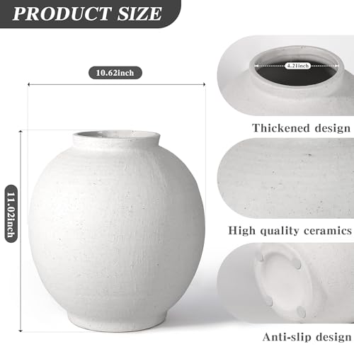 11" White Ceramic Vase, Rustic Farmhouse Living Room Home Decor | Artisan Handcrafted Large Ceramic Vase,Round Ceramic Flower Vase - size: 11.1Inch