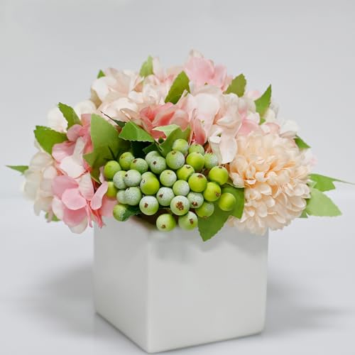 Artificial Flower Arrangement in Ceramic Vase Pink Hydrangea Home Decor | Artificial Pink Hydrangea Potted Flowers with White Vase, Fake Peony Green Berry Floral Decor for Home Office Wedding Table - color: Pink Hydrangea