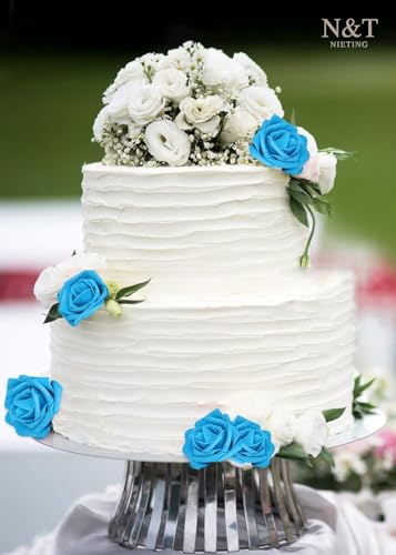 N&T NIETING Artificial Flowers 50pcs Real Touch Blue Foam Fake Roses with Stems for DIY Wedding Bouquets White Bridal Shower Centerpieces Arrangements Party Tables Decorations - color: Blue, size: 50pcs