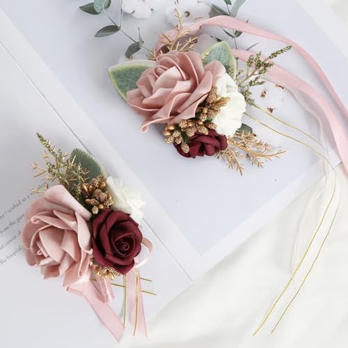 Blush Pink Corsage and Boutonniere Set for Wedding Prom Bride Groom Homecoming Rose Wristlet Band Bracelet Men Boutonniere Set Red Corsage Wristband Boutonniere for Wedding Suit Decorations - color: Pink