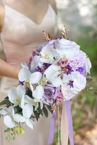Bridal Bouquets for Bride, 11 Inch Artificial Flowers Bridal Bouquet Cascading Wedding Bouquets for Bride for Wedding Ceremony and Anniversary(White Purple) - color: White Purple