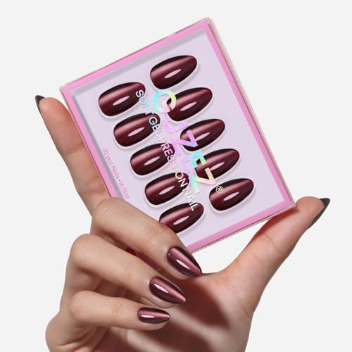 32Pcs Soft Gel Press on Nails for Women, Brown Cateye, Short Almond | Magnetic Glass Cat Eye False Fake Nails Press Ons for Office Daily Wear, Salon Quality Reusable Glue & Stick on Nail Gift Kit - color: 1A-Brown Cateye