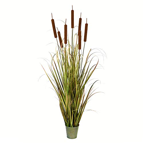 Vickerman Everyday 60" Artificial Green Grass and Cattails with Iron Pot - Faux Grass Plant Decor - Home Or Office Indoor Greenery Accent - Maintenance Free - size: 60"