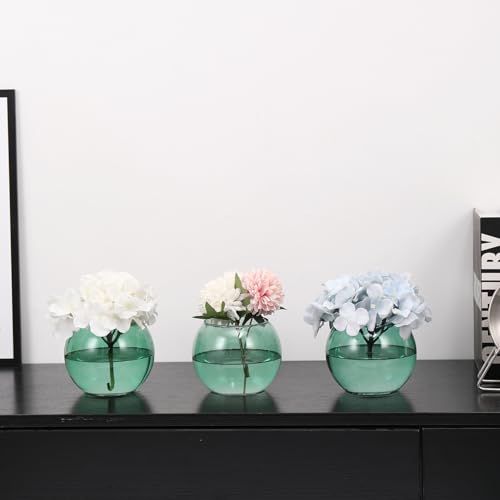 Green Round Vases Set of 6, Flower Vases for Centerpieces, Glass Vase for Flowers, Glass Bowl Vase for Living Room, Bedroom, Kitchen, Office, Wedding, 5'' W x 4'' H - color: Green, size: 5”