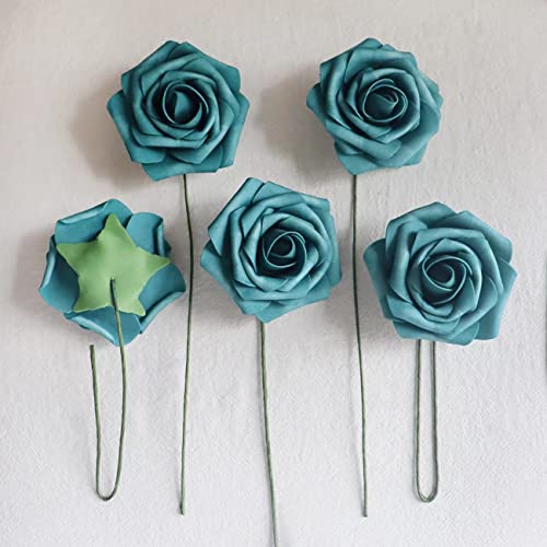 Artificial Flowers 50PCS Real Looking Dark Teal Roses Fake Roses with Stem for DIY Wedding Bouquets Centerpieces Party Baby Shower Home Decorations - color: Dark Teal, size: 3"/50pcs