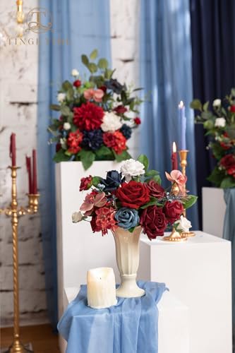 TINGE TIME 9 inch Bridal Bouquets for Bride, Artificial Silk Flowers Tossing Bouquet, Bride Bouquets for Wedding,Ceremony, Anniversary (Red&NavyBlue) - color: Red & Navy Blue
