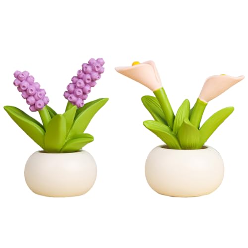 Resin Flower with Pot 2 Pcs Mini Artificial Cally Lily Hyacinth Flower Flowers Potted Plants Figurines for Car Dashboard Home Kitchen Rustic Table Shelf Decor, Purple+Beige - color: Purple+beige