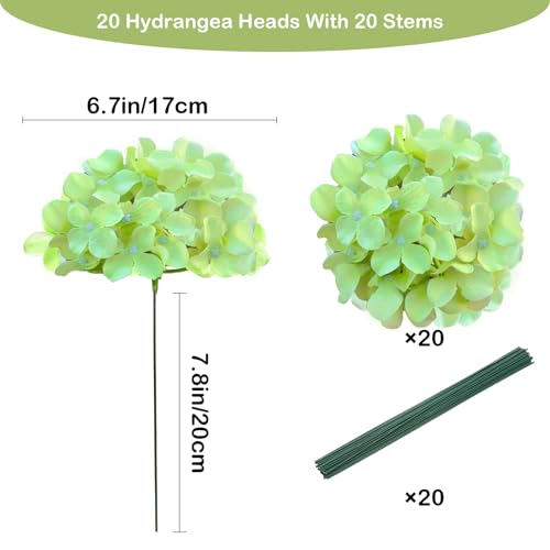 20 Pcs Green Hydrangea Artificial Flowers Bulk, Faux Hydrangea Flowers Heads, Artificial Fake Silk Hydrangea Flowers with Stems, Green Flowers Artificial for Decoration Wedding Décor Crafts - color: Green, size: 20 Pcs