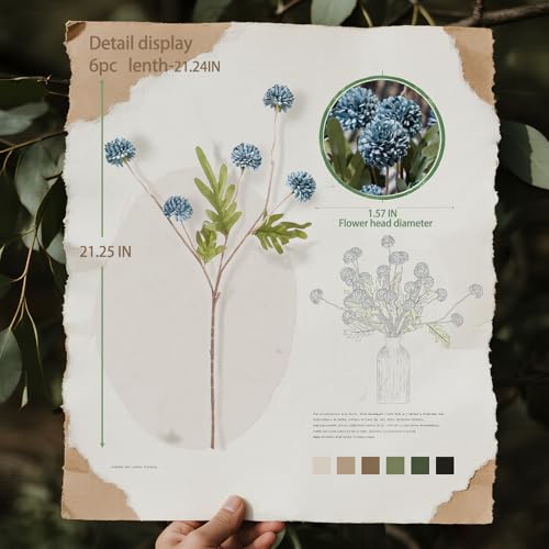 6 Pcs Faux Silk Pompon Mum Artificial Flowers, Silk Small Mini Chrysanthemum Ball with Long Stems, for Wedding Champagne Arrangements Bouquets Centerpieces Home DIY Decorations, No Vase, White - color: Blue