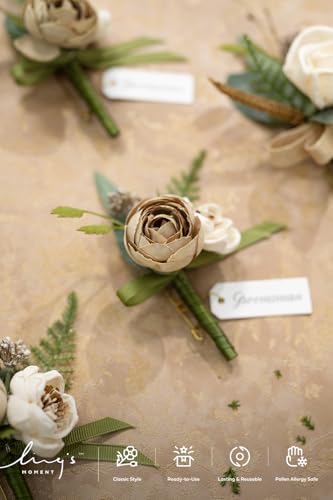 Ling's moment Boutonniere for Men, 6pcs Groom Groomsmen Boutonniere, Artificial Flowers for Wedding Decor/Prom/Homecoming, etc.Brown - color: Brn-brown