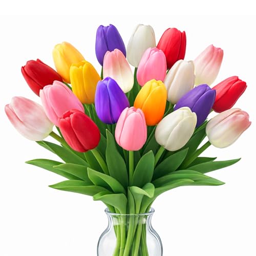 20 Pcs Tulips Artificial Flowers, 13.5'' Real Touch PU Fake Flowers Bouquet for Home Party, Spring Wedding Floral Arrangement, Valentine's, Easter and Mother's Day Decor (Pink,Red,Purple) - color: Pink,red,purple