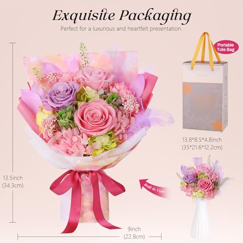 Preserved Flowers Bouquet 3 Roses - Pink Real Rose & Flowers for Delivery, Eternal Roses Bouquet with Gift Box, Anniversary Birthday Valentine Gifts for Women Mom Grandma Her Wife Girlfriend - color: Pink