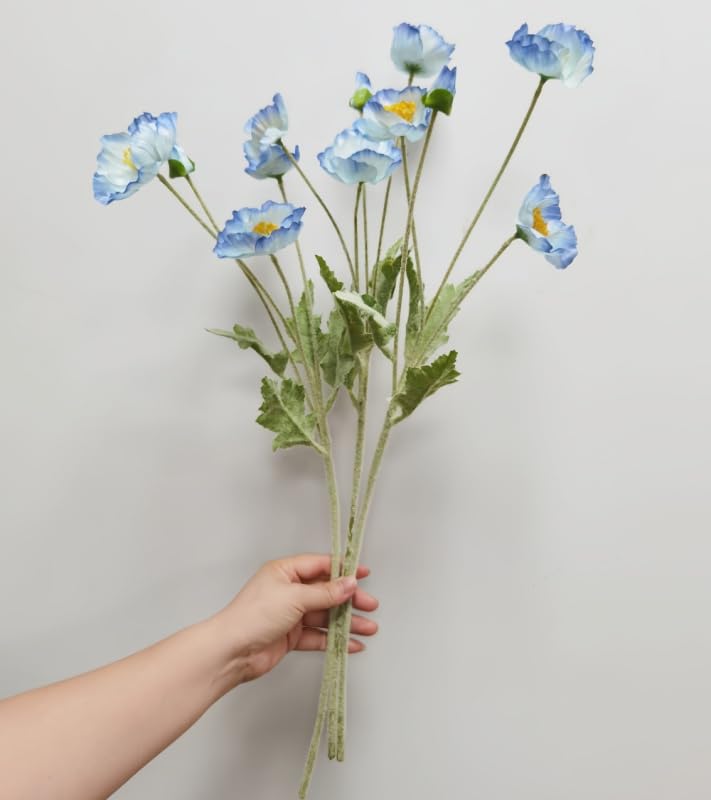 Poppy Flowers Artificial， Poppy Silk Flowers with Stems，Ranunculus Artificial Flowers，Faux Flower Stems for Wedding,Party, Outdoor Indoor Decor flower arrangements for table (3, Light Blue) - color: Light Blue