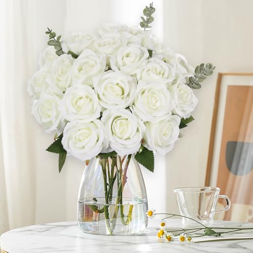 20PCS Artificial Roses with Long Stems - Realistic Silk Flowers, Fake Roses Real Touch Bouquet of Roses for Home Decor, Bridal Wedding Party Table Centerpieces, Bulk Faux Rose Flowers (White) - color: White, size: 20 PCS