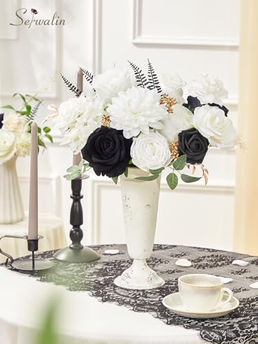 Serwalin Black Artificial Flowers, White Roses Silk Fake Flowers for DIY Wedding Bridal Bouquets, Wedding Cake Flowers for Table Centerpieces Baby Shower Birthday Party Home Decorations - color: Black & White, size: Square