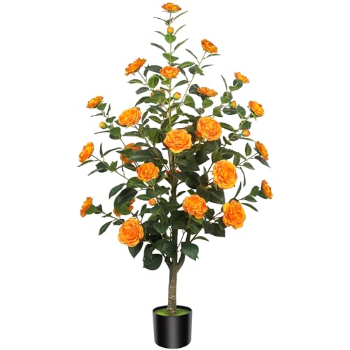 1Pack 47.24"/3.94FT Artificial Camellia Trees with 36 Orange Flowers in Cement Pots – Lifelike Fake Trees for Front Porch, Home, Indoor Outdoor Spring Decor, Office or Housewarming Gifts - color: Orange, size: 3ft 11in